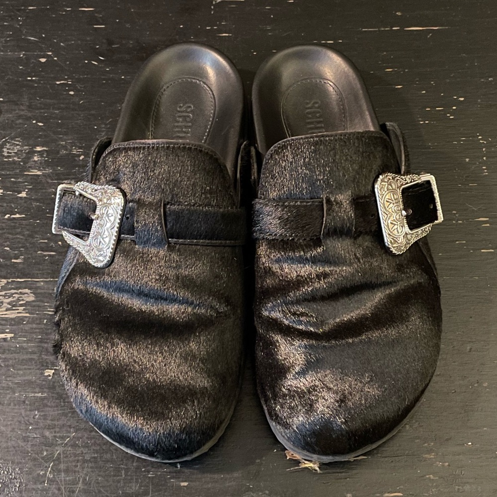 Schutz Grace Calf Hair Clog Black Slip-On Shoes with Silver Buckles